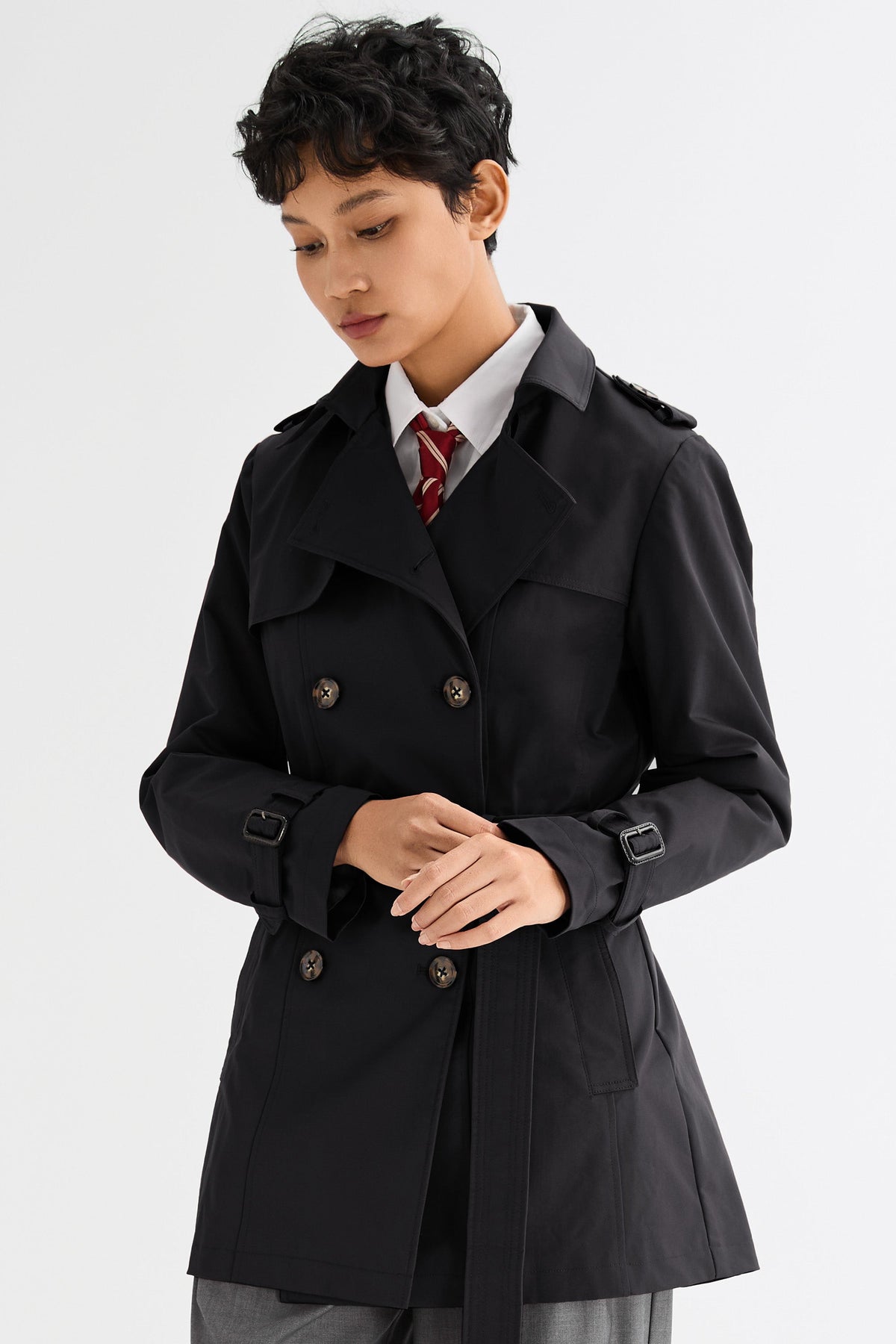3/4 Double-Breasted Short Trench Coat