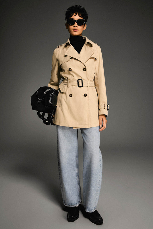 3/4 Double-Breasted Short Trench Coat