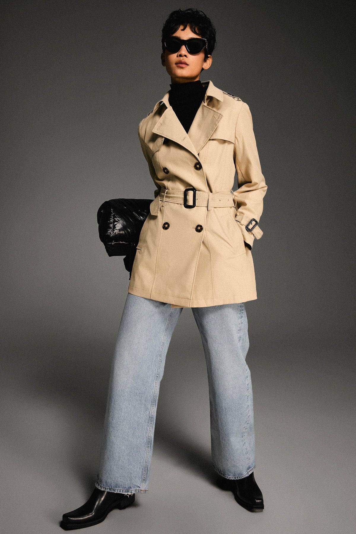 3/4 Double-Breasted Short Trench Coat