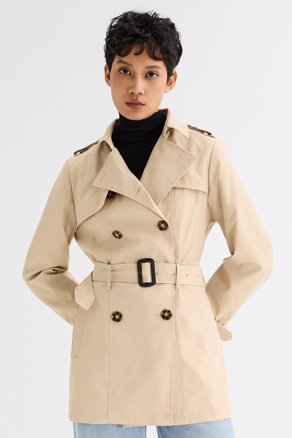 3/4 Double-Breasted Short Trench Coat