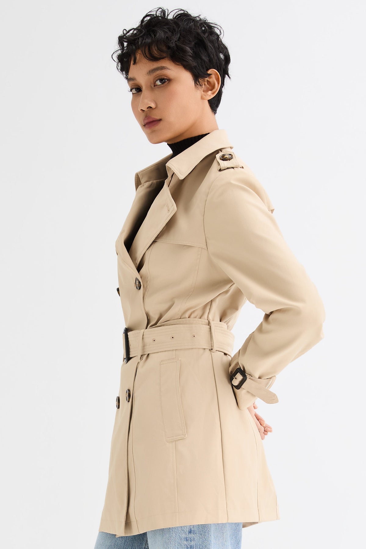 3/4 Double-Breasted Short Trench Coat