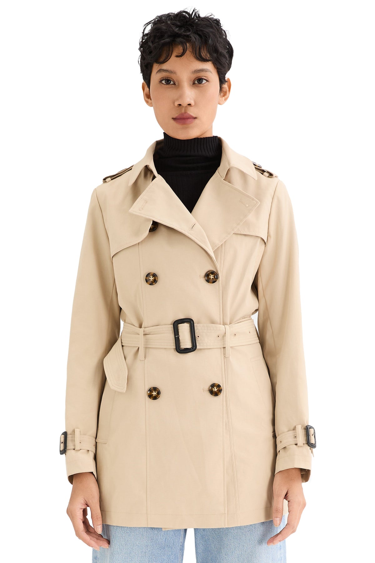 3/4 Double-Breasted Short Trench Coat