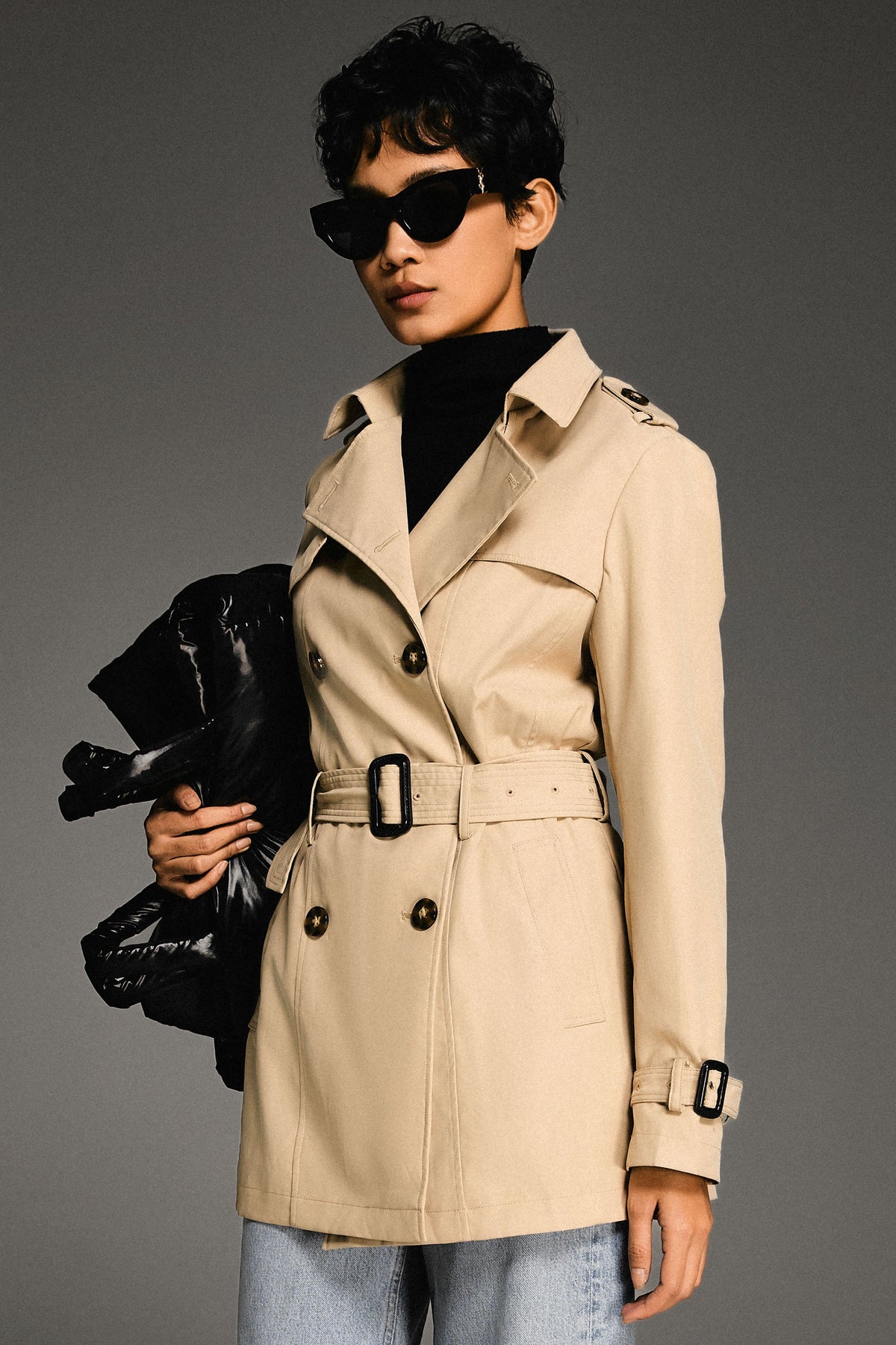 3/4 Double-Breasted Short Trench Coat