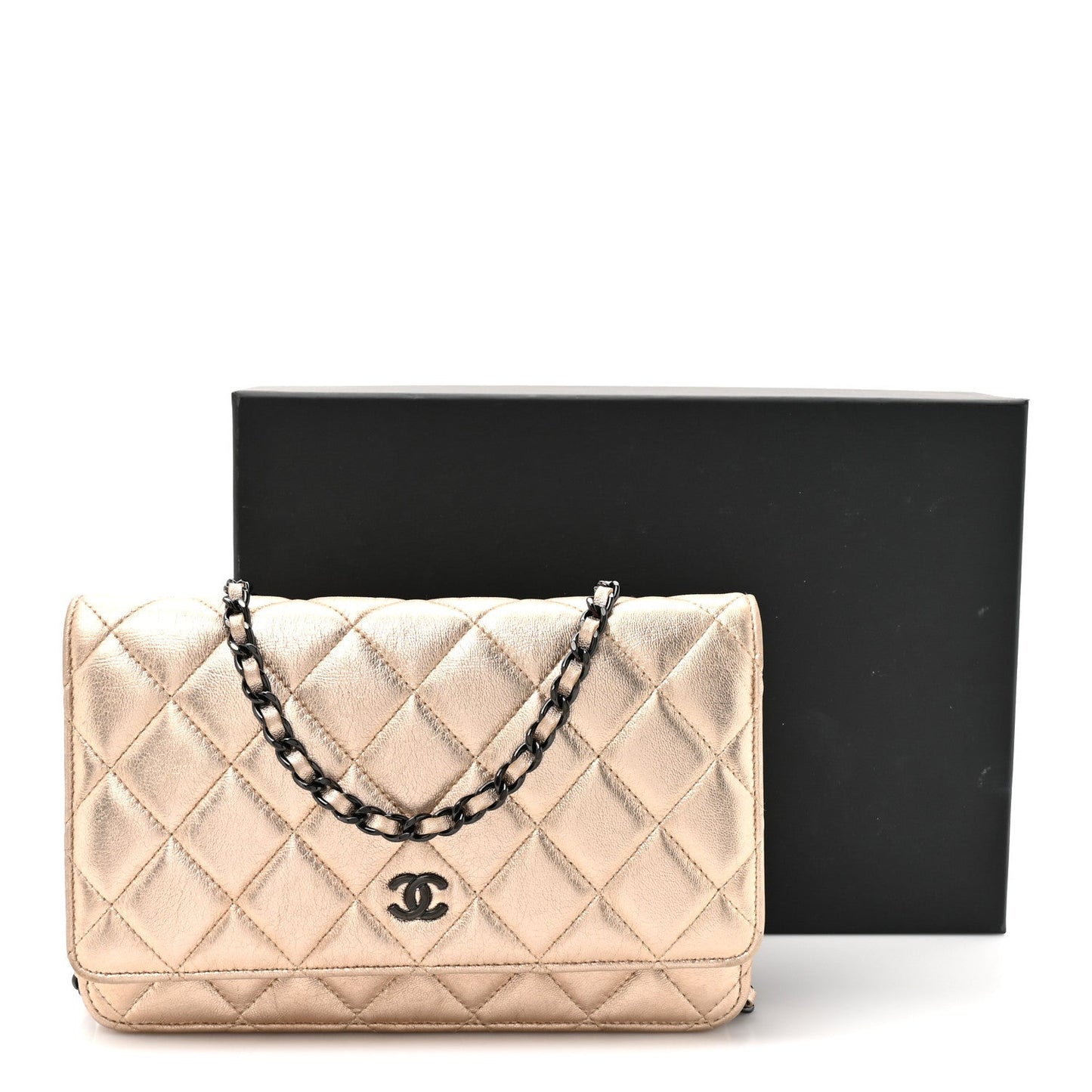 Metallic Lambskin Quilted Wallet On Chain WOC Gold Black