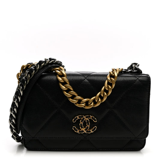 Goatskin Quilted Chanel 19 Wallet On Chain WOC Black