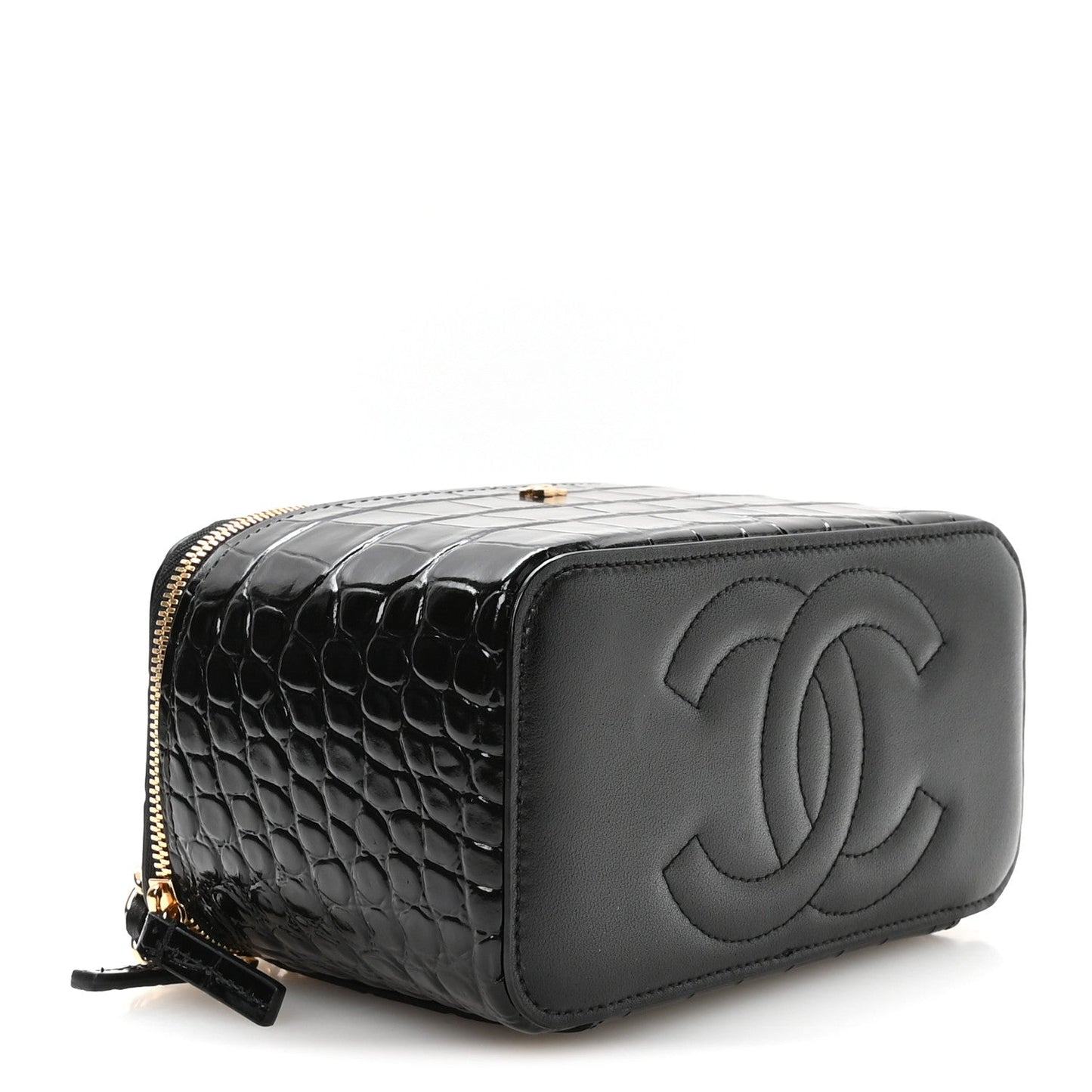 Calfskin Crocodile Embossed Exoticoco Small Top Handle Vanity Case With Chain Black