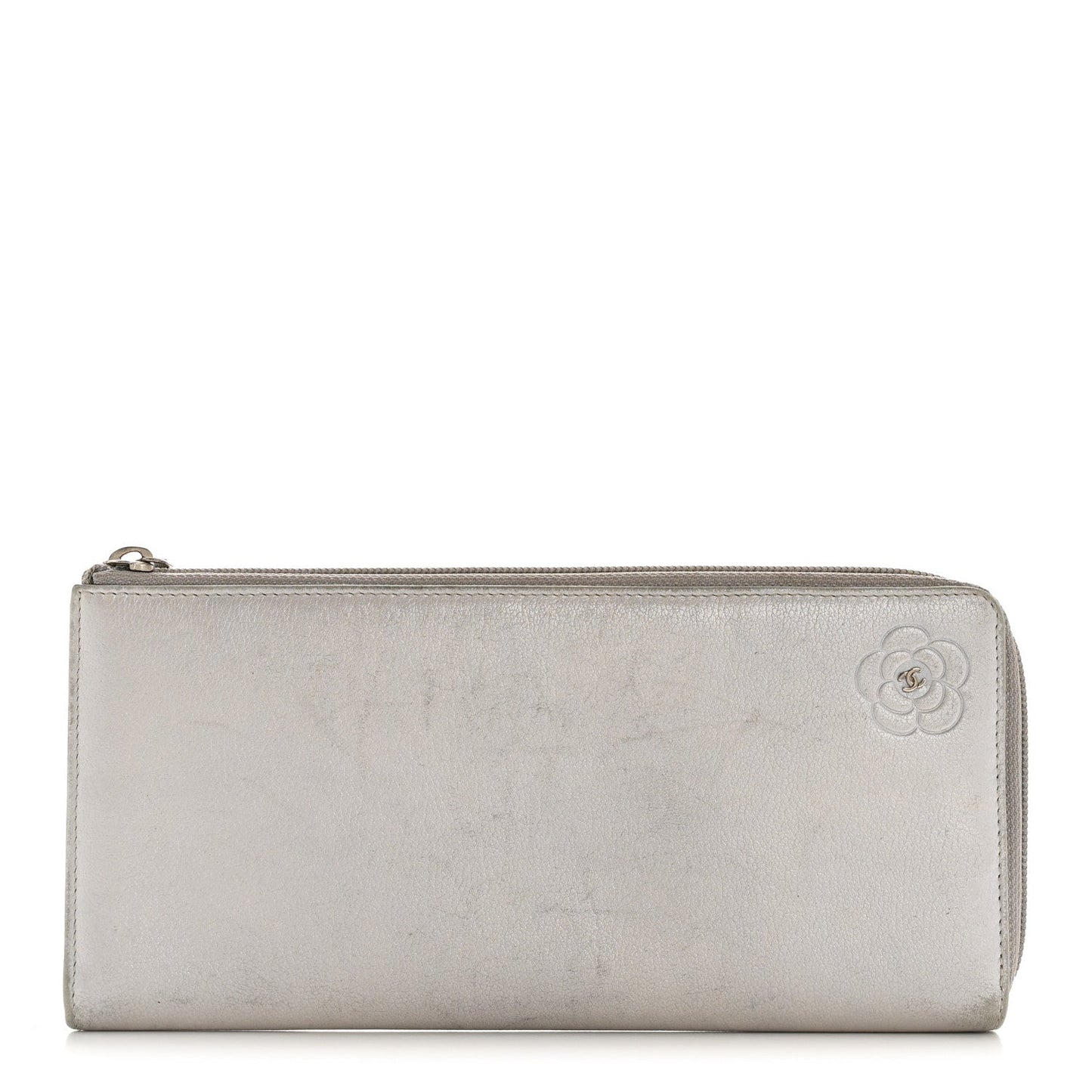 Metallic Goatskin Camellia Embossed Zip Around Wallet Silver