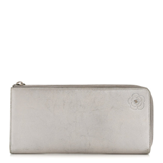 Metallic Goatskin Camellia Embossed Zip Around Wallet Silver