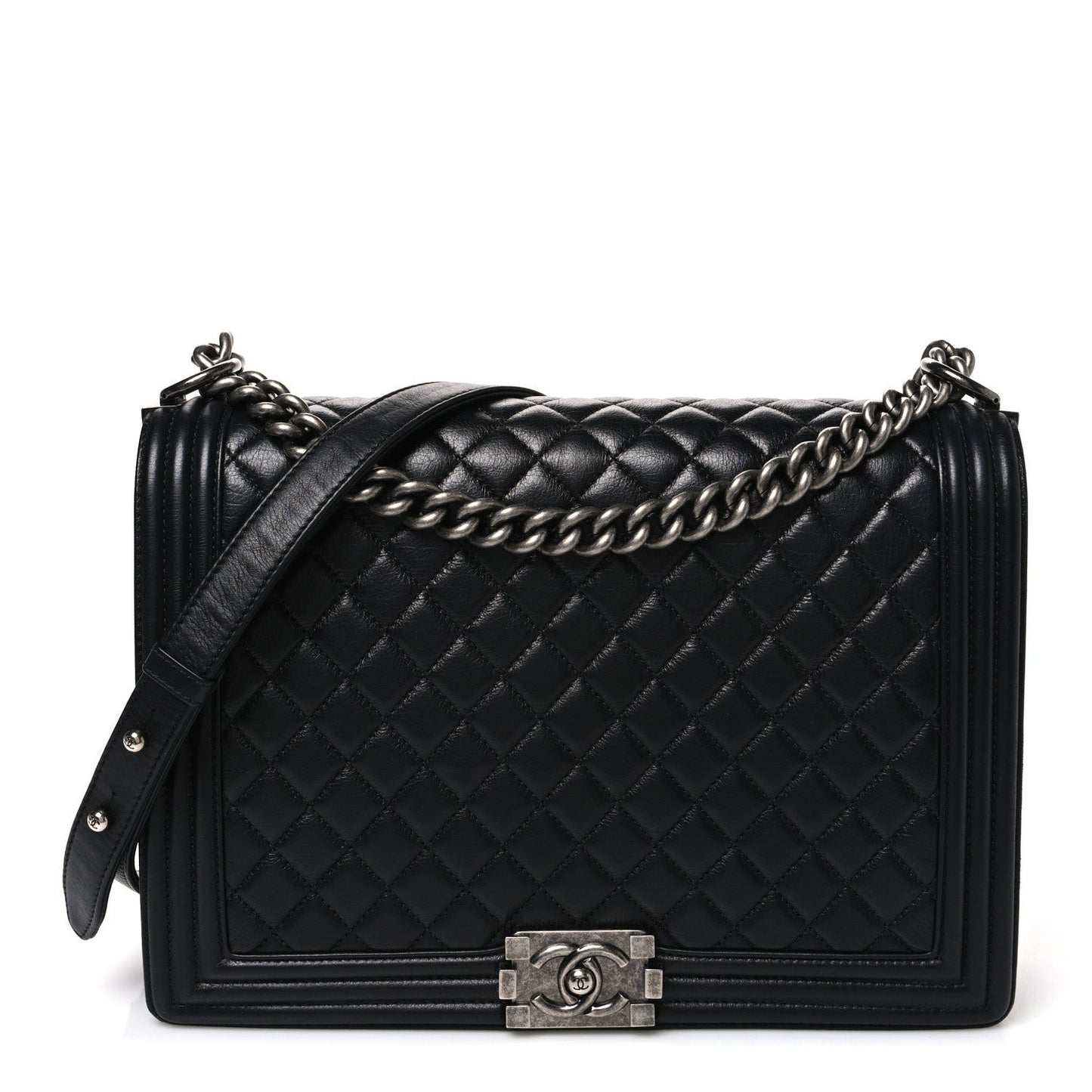Calfskin Quilted Large Boy Flap Black