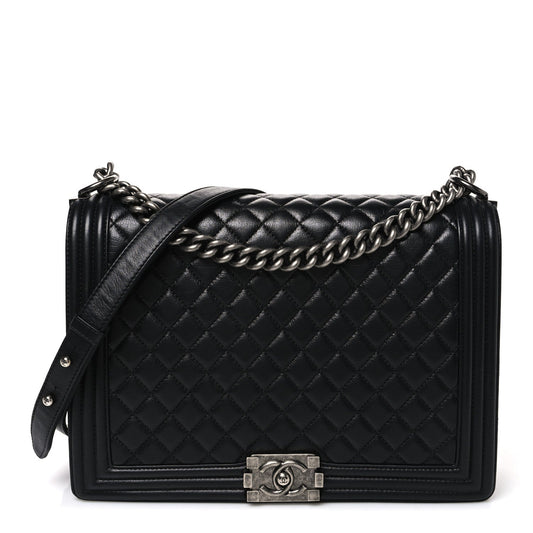 Calfskin Quilted Large Boy Flap Black