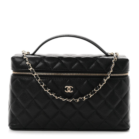 Caviar Quilted Large Top Handle Slim Vanity With Chain Black
