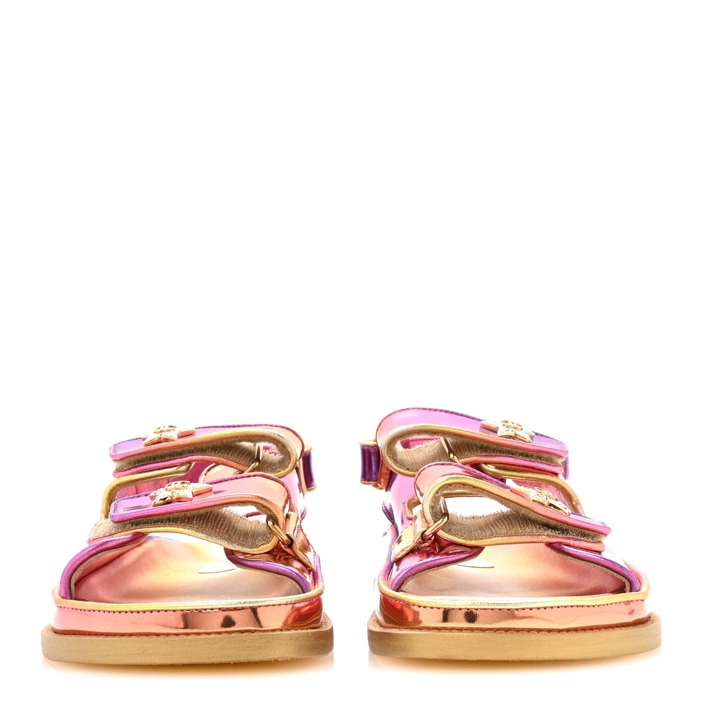 Metallic Laminated Calfskin Crystal Star CC Velcro Dad Sandals 37.5 Pink Orange Yellow
