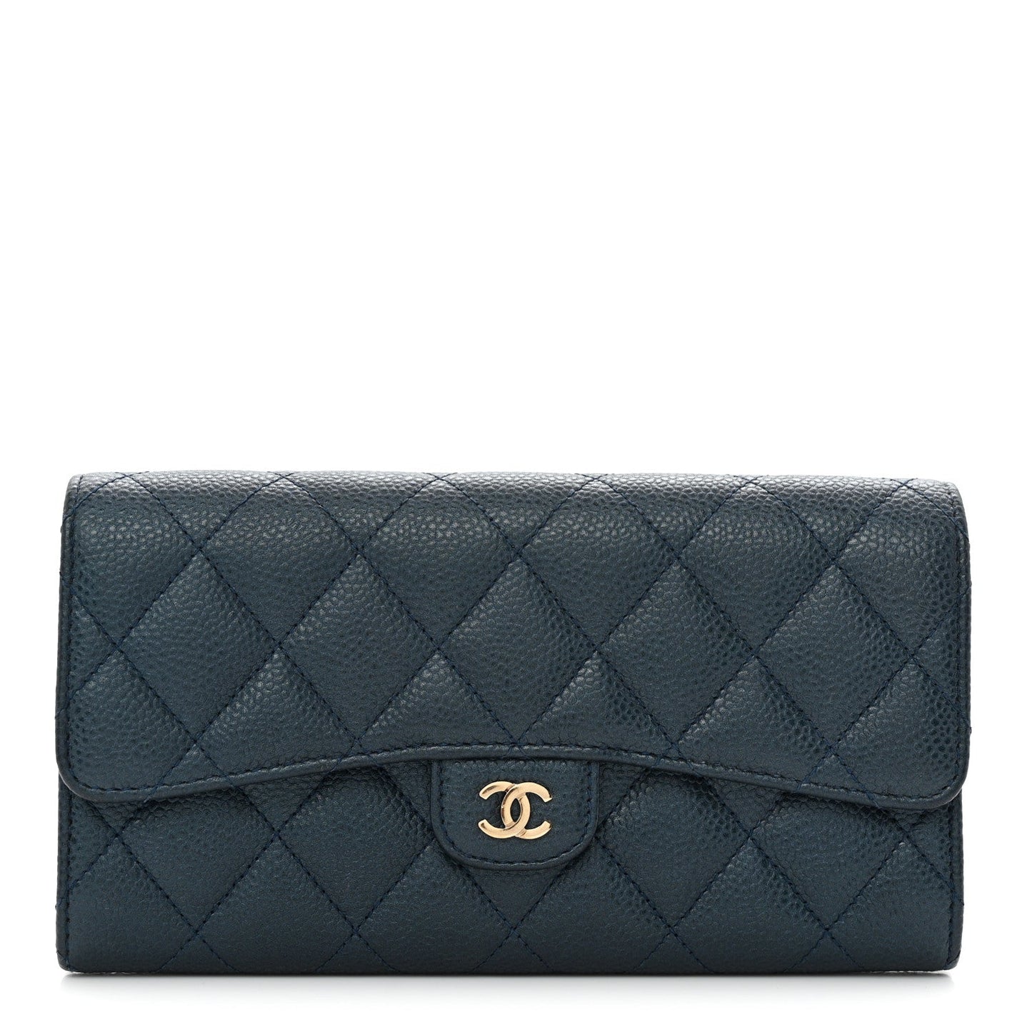 Iridescent Caviar Quilted Large Gusset Flap Wallet Dark Blue