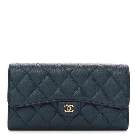 Iridescent Caviar Quilted Large Gusset Flap Wallet Dark Blue