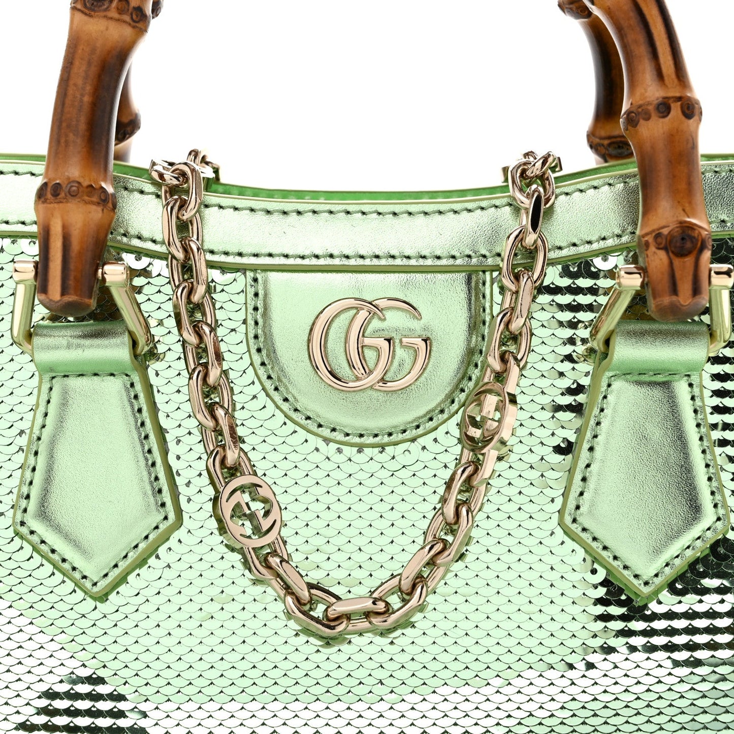Metallic Calfskin Sequin Mini Diana Tote Bag Green
