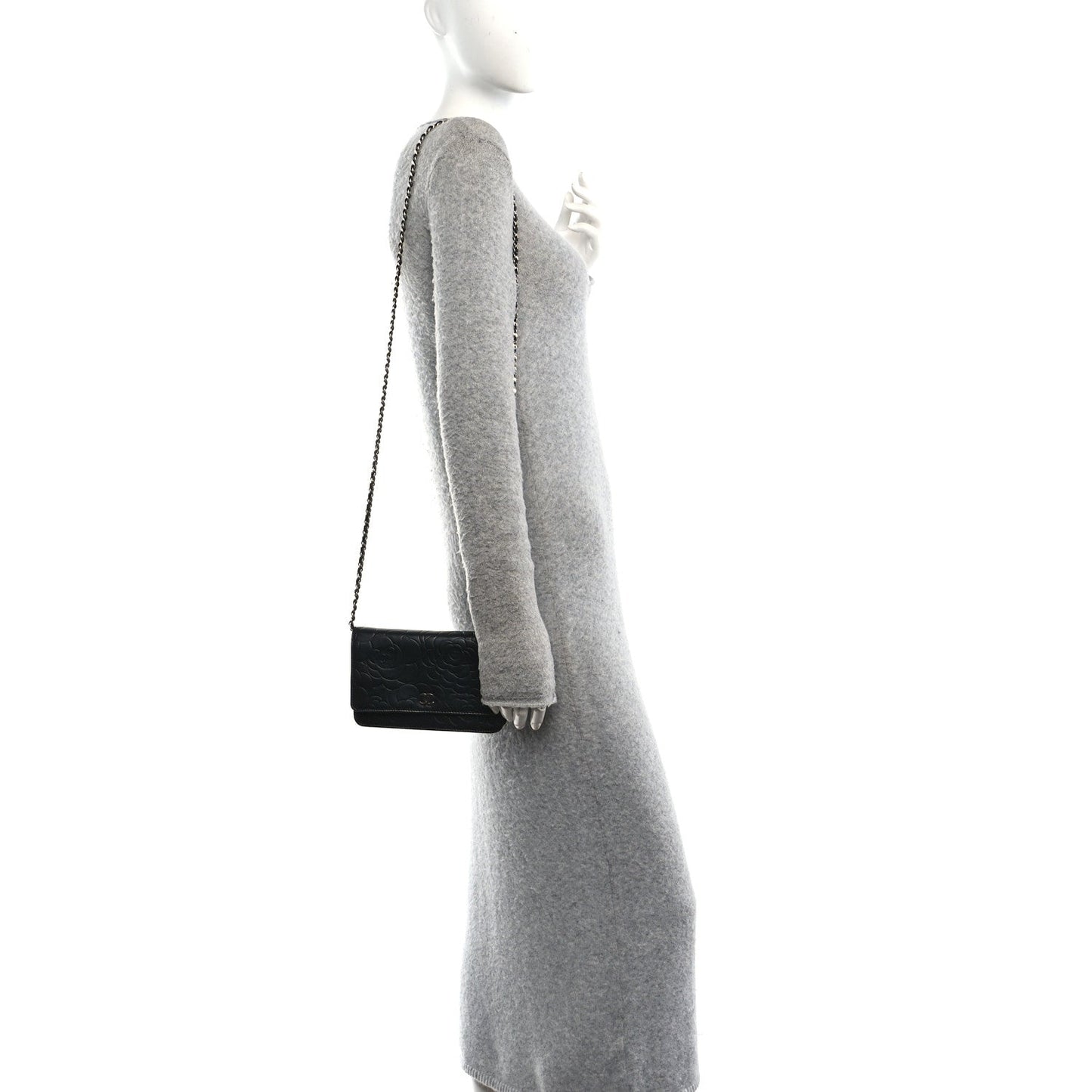 Lambskin Camellia Embossed Wallet on Chain WOC Black