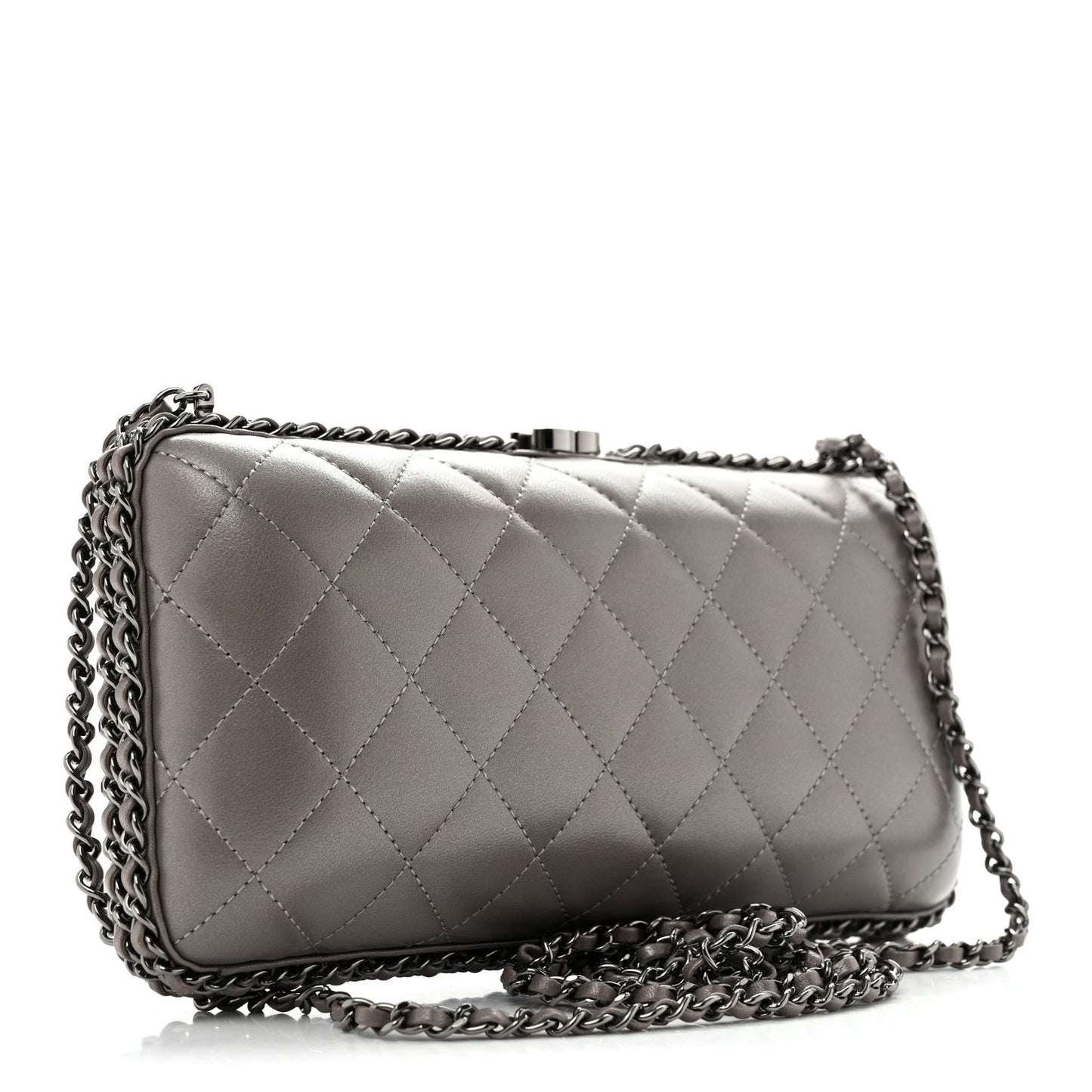 Lambskin Quilted CC Studded Chain Around Clutch Grey