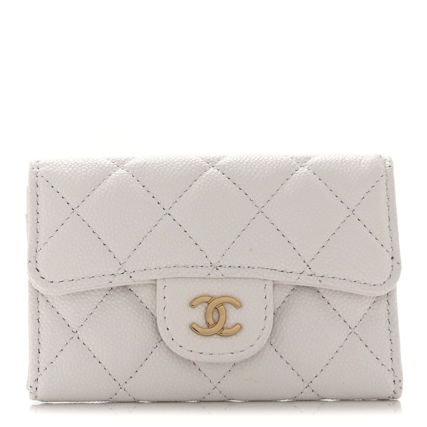 Caviar Quilted Flap Card Holder Wallet White