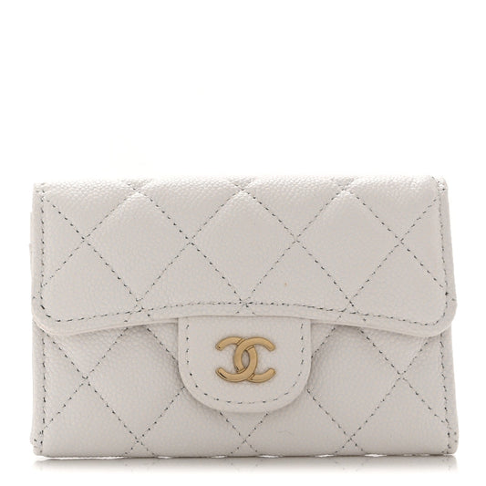 Caviar Quilted Flap Card Holder Wallet White