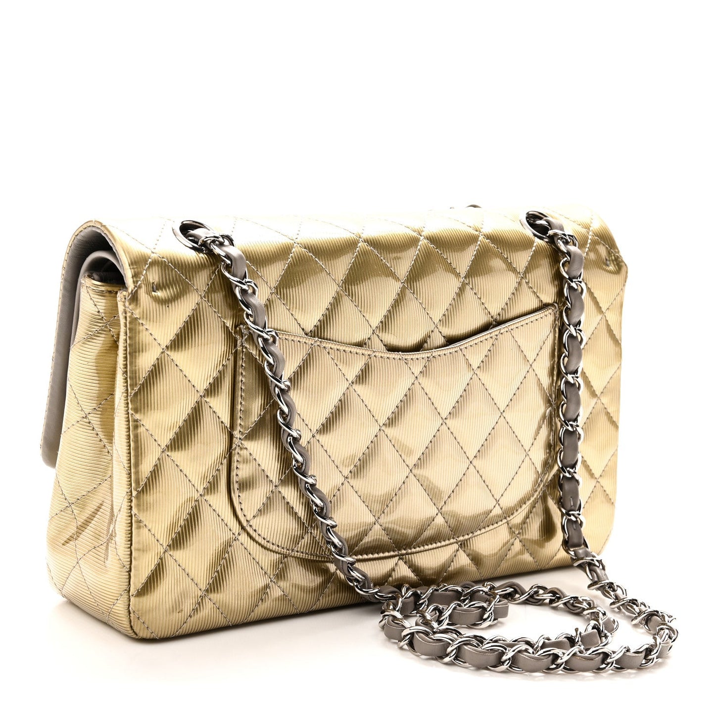 Striated Patent Quilted Medium Double Flap Gold