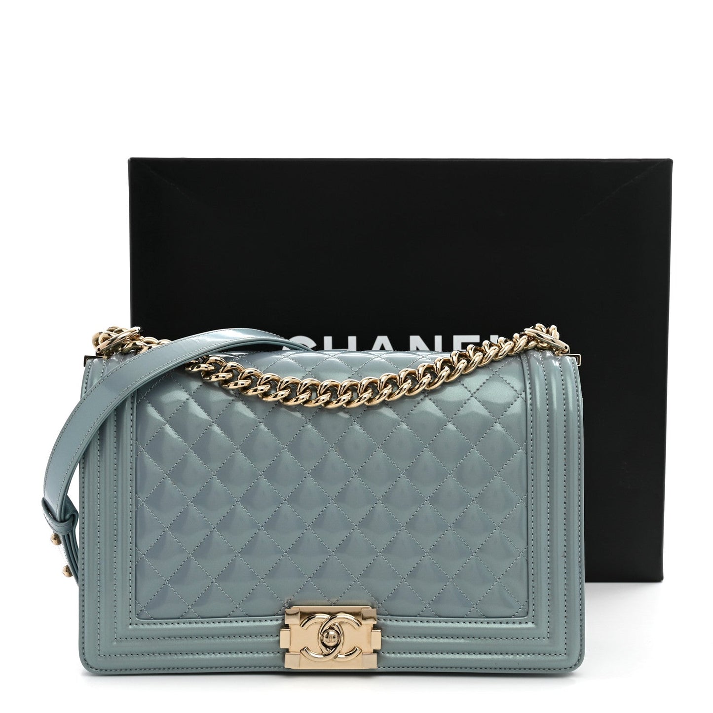 Iridescent Glazed Calfskin Quilted New Medium Boy Flap Light Blue
