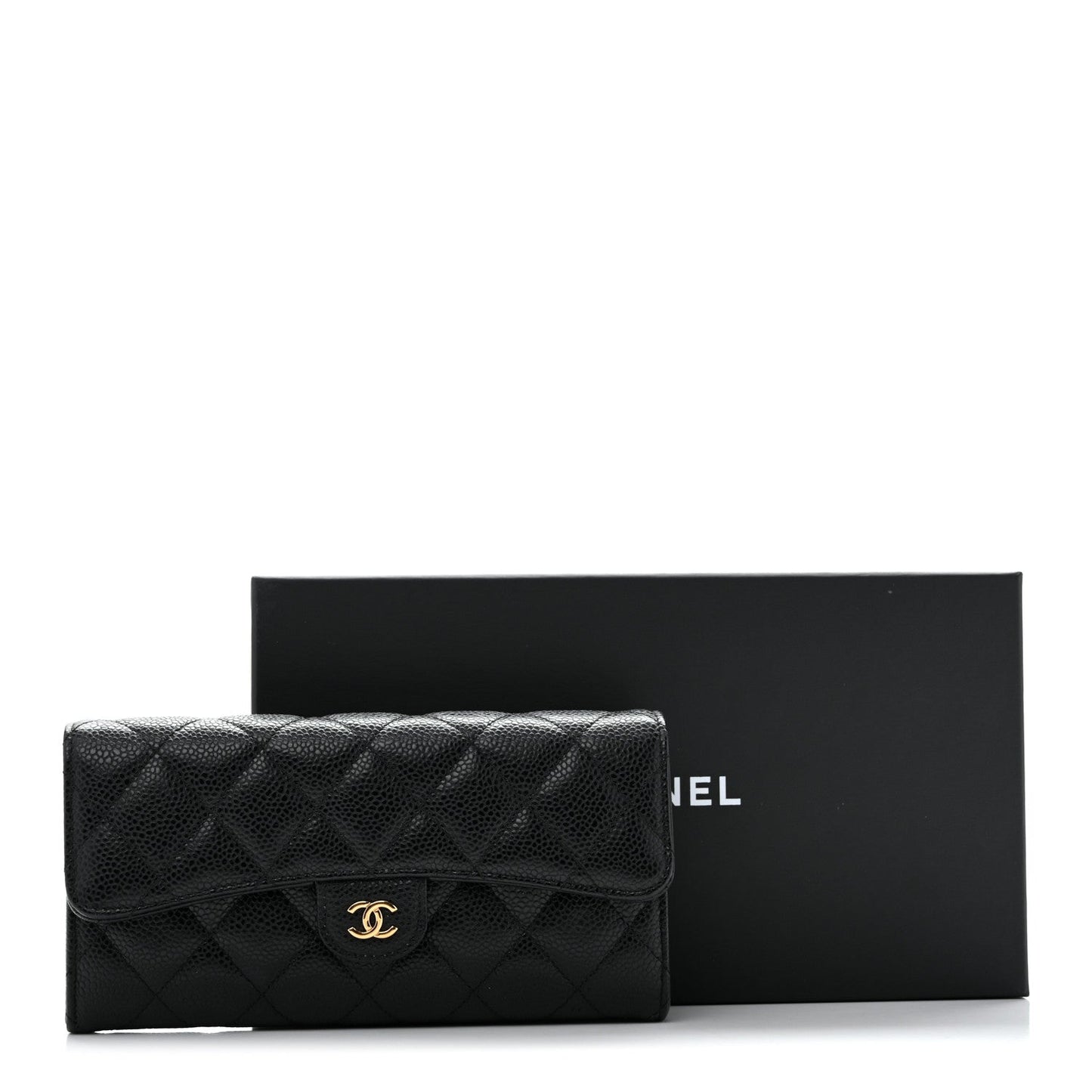 Caviar Quilted Large Gusset Flap Wallet Black