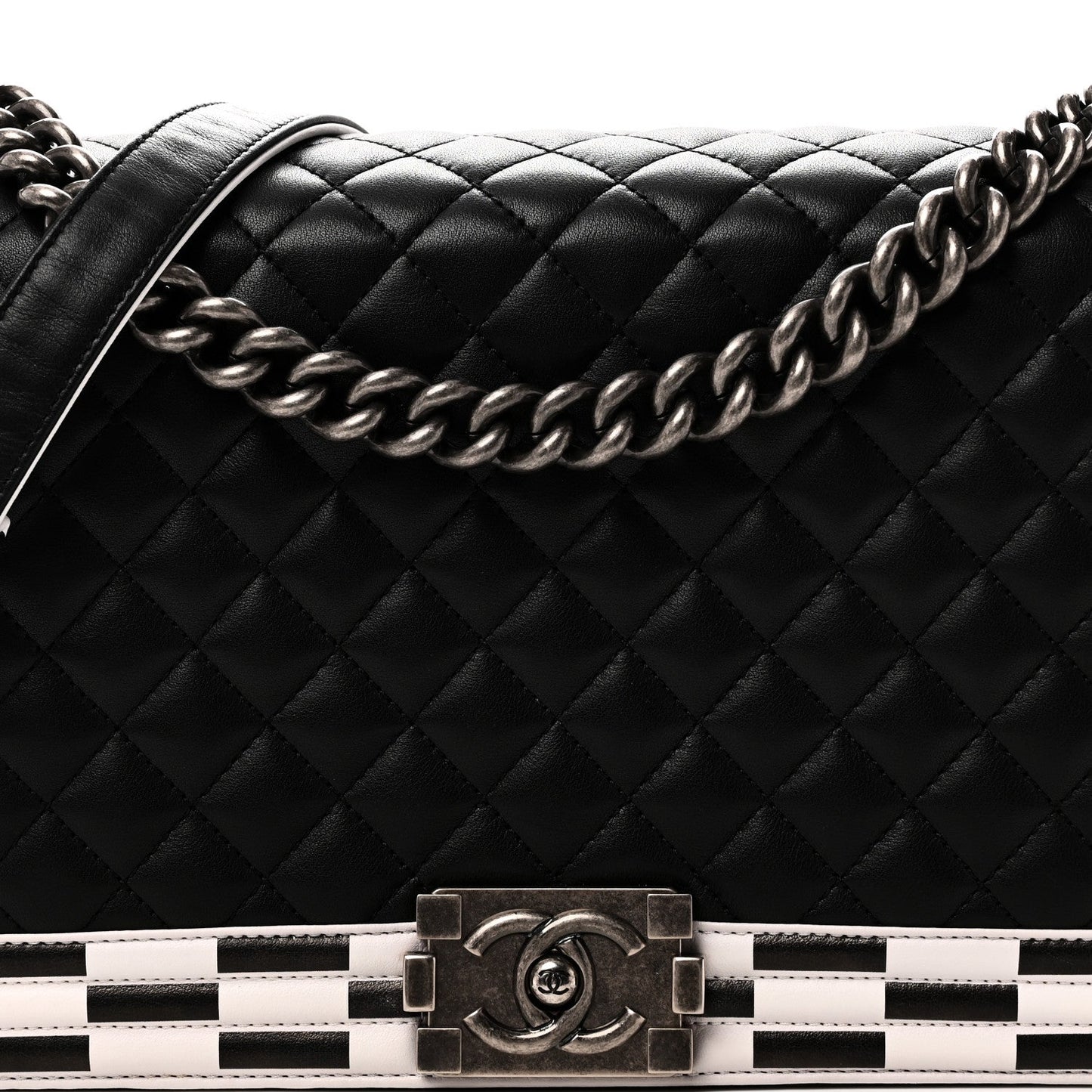Calfskin Quilted Checkerboard Trim New Medium Boy Flap Black White