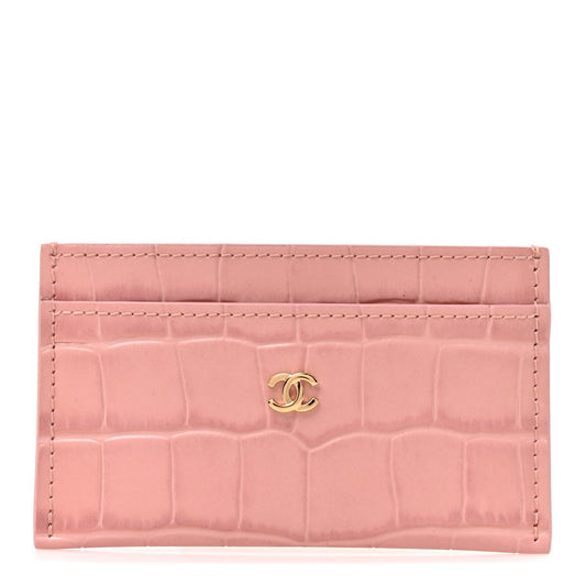 Calfskin Crocodile Embossed Crococo Card Holder Light Pink