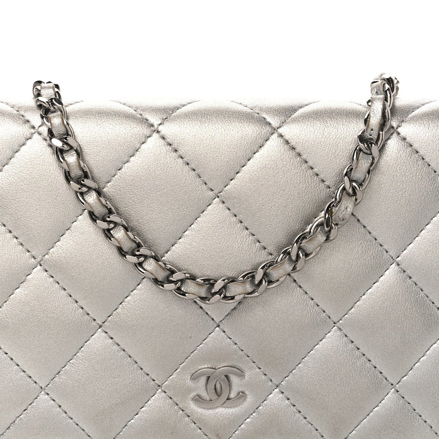 Metallic Lambskin Quilted Wallet On Chain WOC Silver