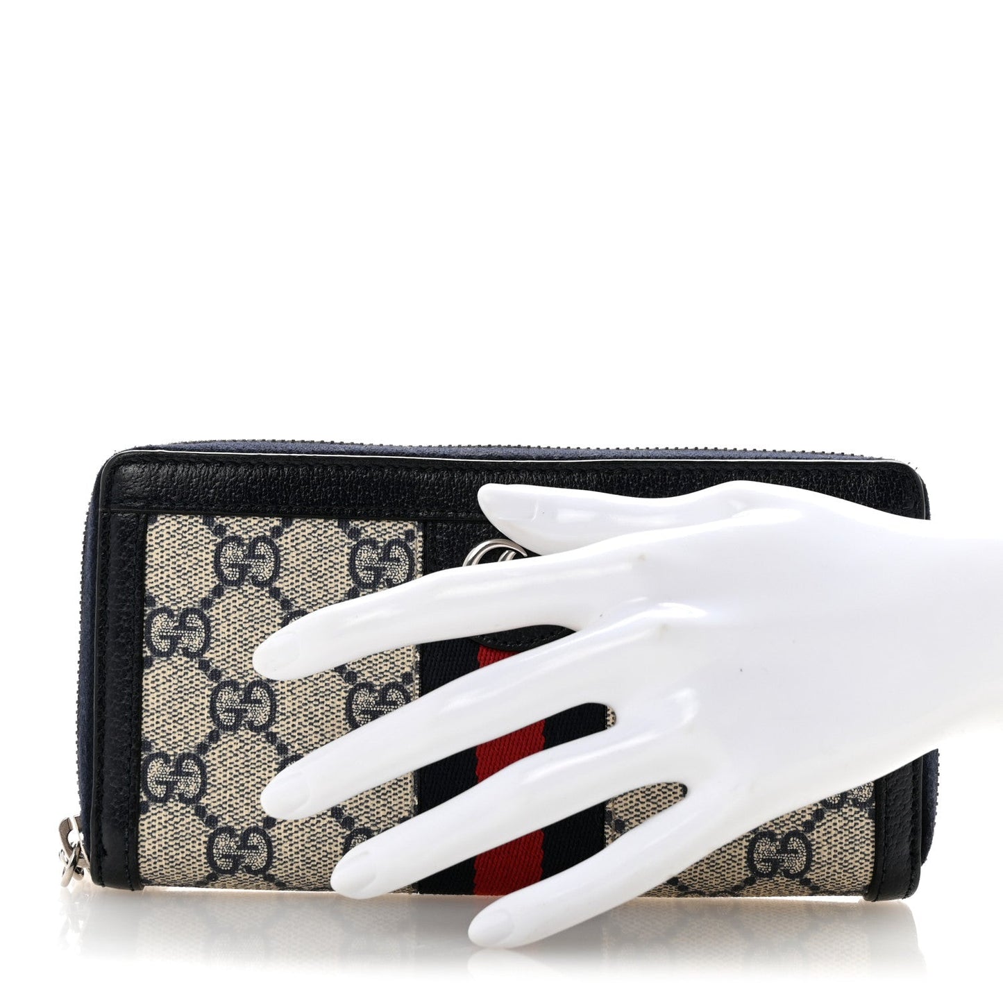 GG Supreme Monogram Textured Dollar Calfskin Web Ophidia Zip Around Wallet Beige Blue