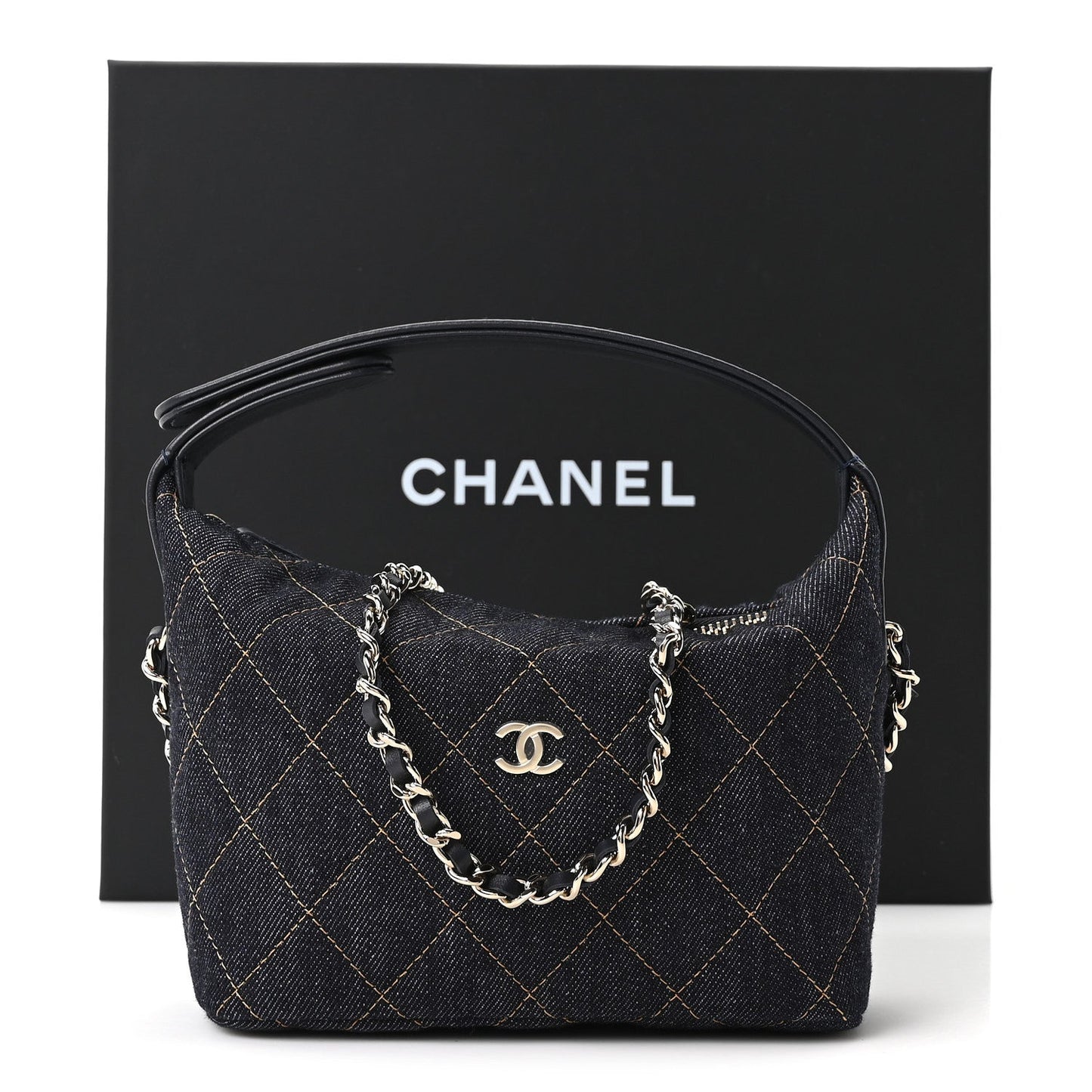 Denim Quilted Hobo Clutch With Chain Dark Blue Orange