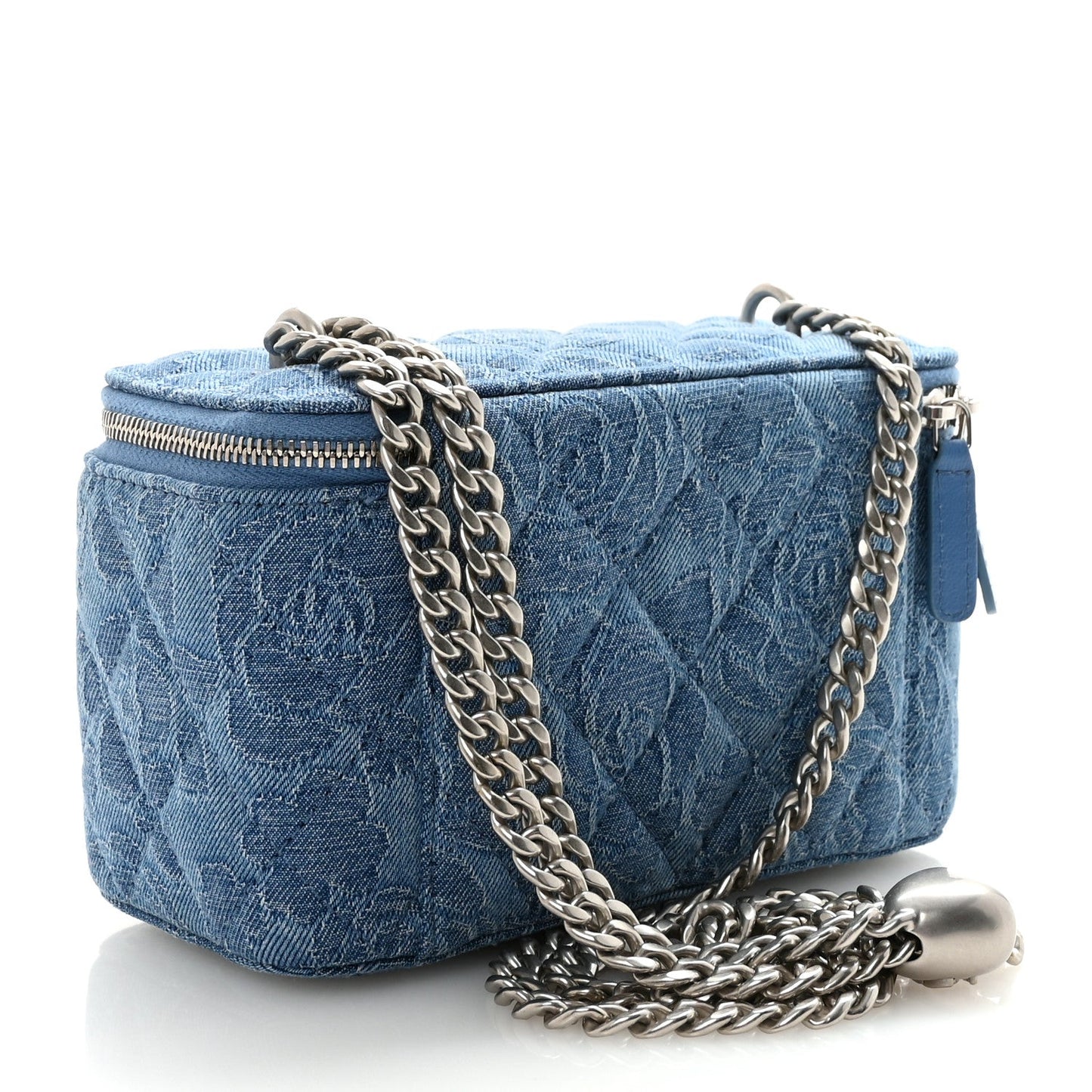 Denim Quilted Sweetheart Small Vanity Case With Chain Blue