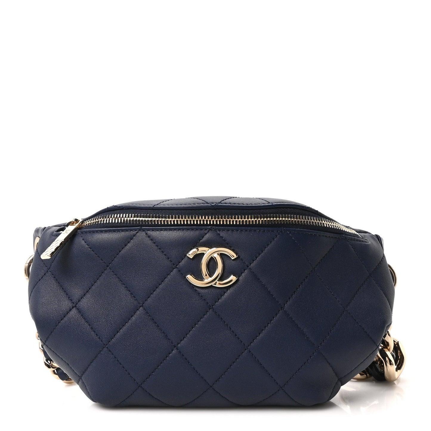Lambskin  Quilted Resin Bi-Color Waist Bag Fanny Pack Navy Blue