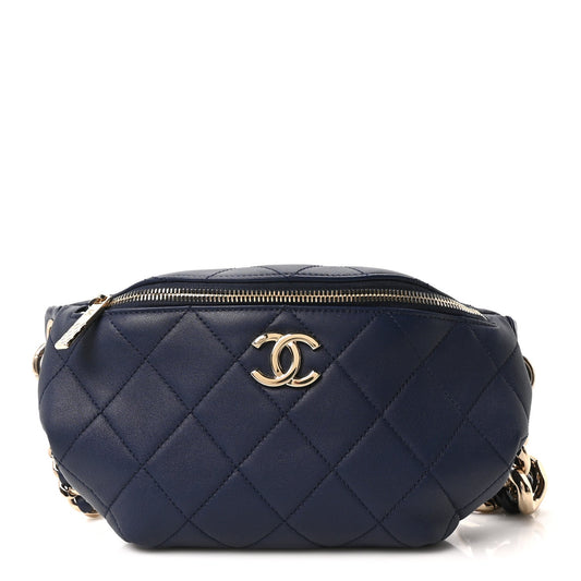 Lambskin  Quilted Resin Bi-Color Waist Bag Fanny Pack Navy Blue