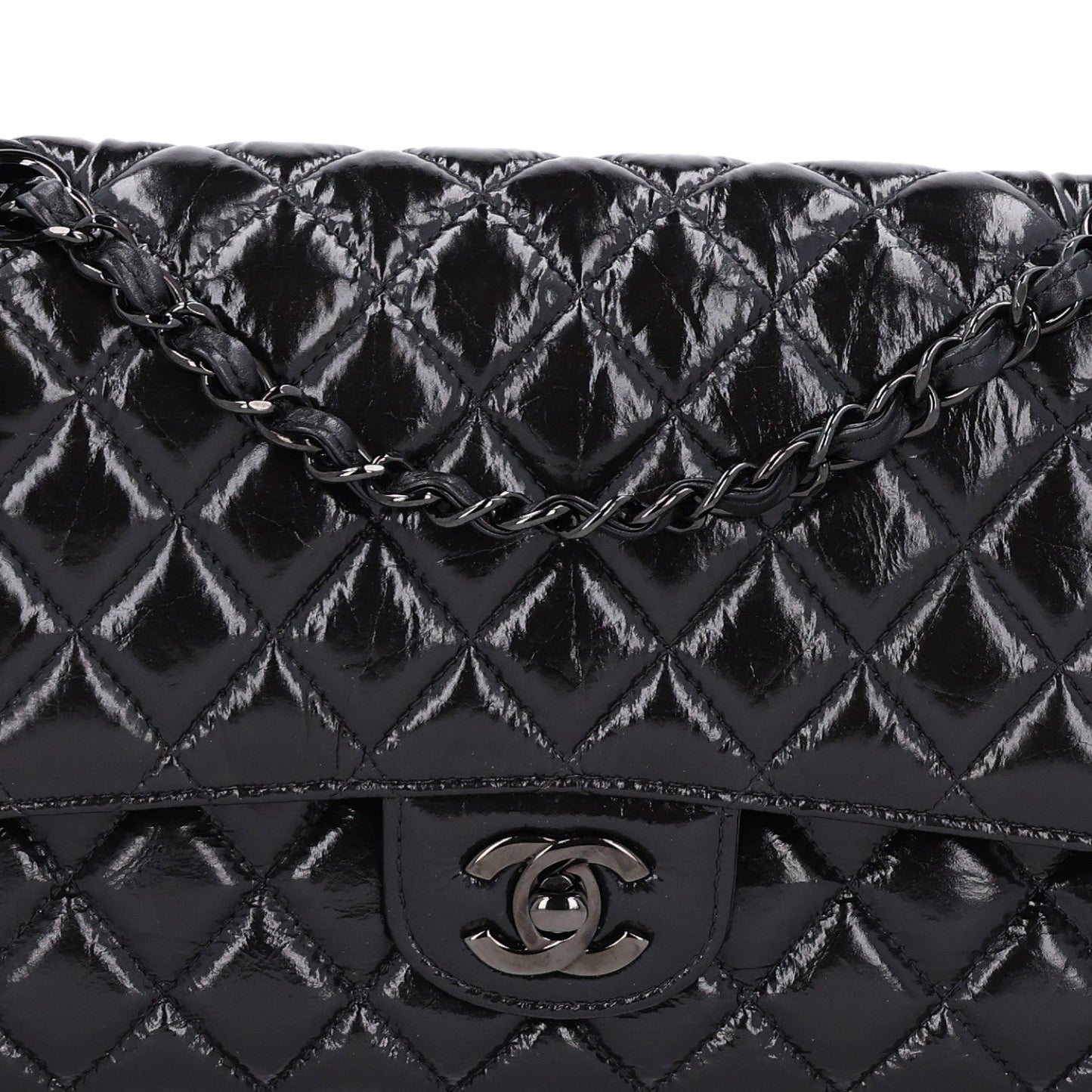 Shiny Crumpled Calfskin Quilted Medium Double Flap So Black