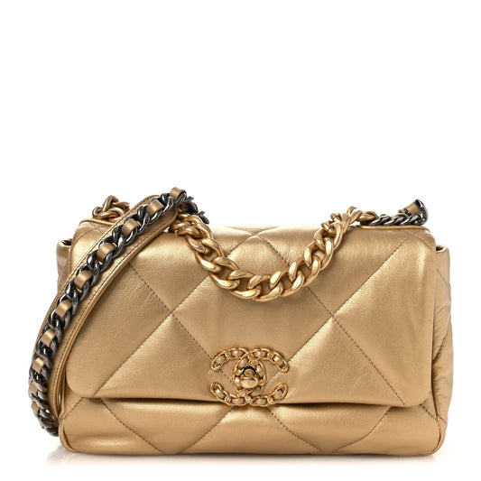 Metallic Goatskin Quilted Medium Chanel 19 Flap Gold