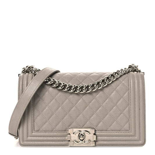 Caviar Quilted Medium Boy Flap Light Grey