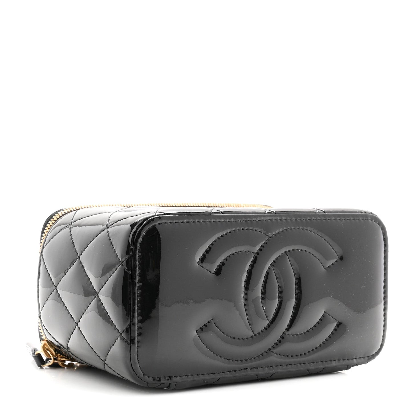 Patent Enamel Quilted Small Coco Hearts Vanity Case With Chain Black