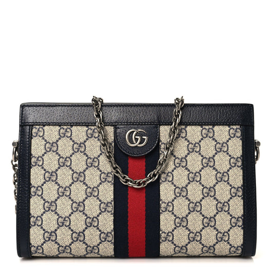 GG Supreme Monogram Textured Dollar Calfskin Web Small Ophidia Chain Shoulder Bag Beige Blue