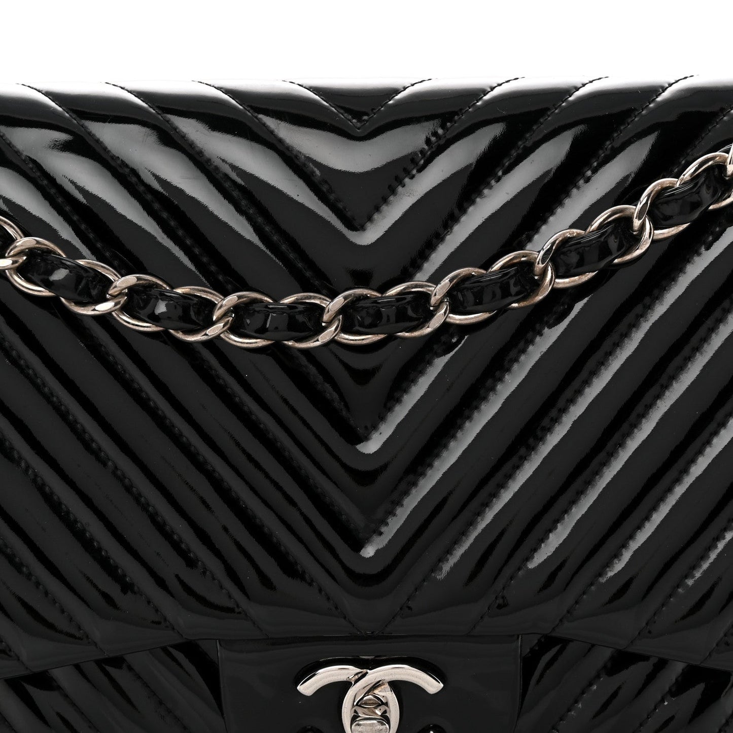 Patent Chevron Quilted Jumbo Double Flap Black