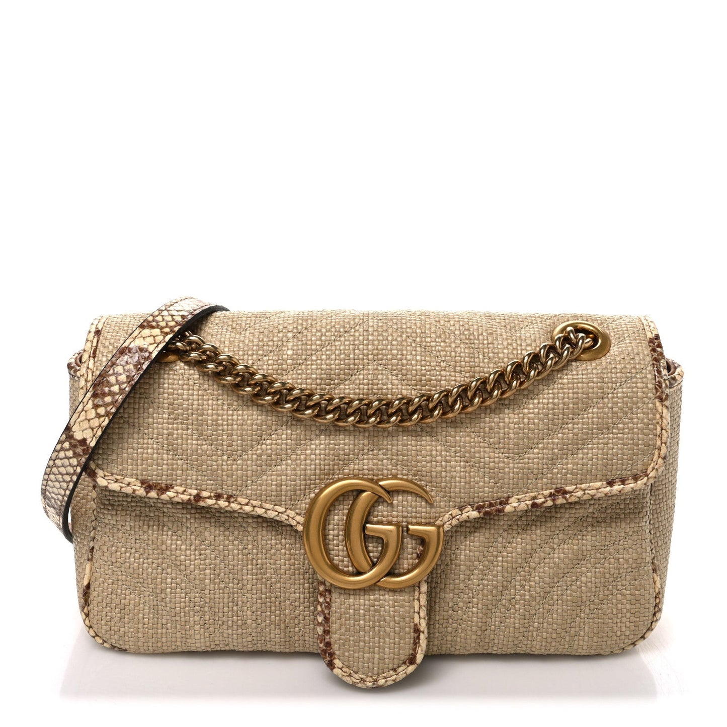 Raffia Elaphe Matelasse Small GG Marmont Shoulder Bag Natural Cream Brown