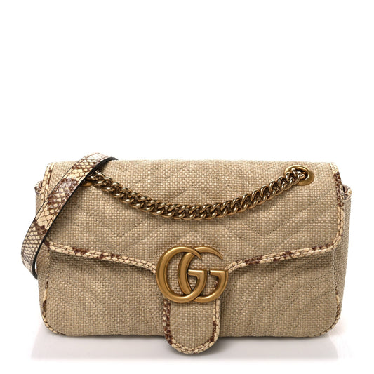 Raffia Elaphe Matelasse Small GG Marmont Shoulder Bag Natural Cream Brown