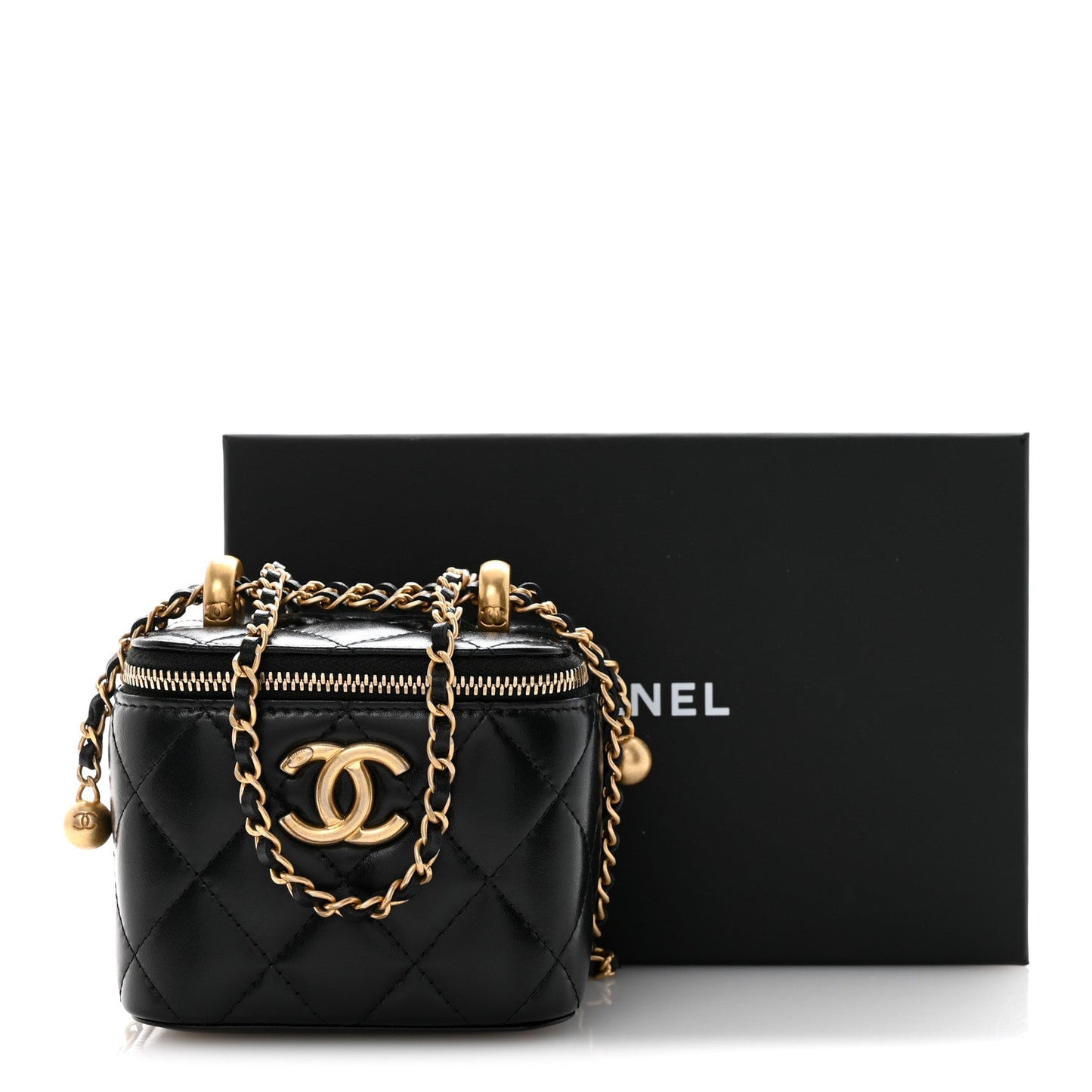Calfskin Quilted Mini Perfect Fit Vanity Case With Chain Black
