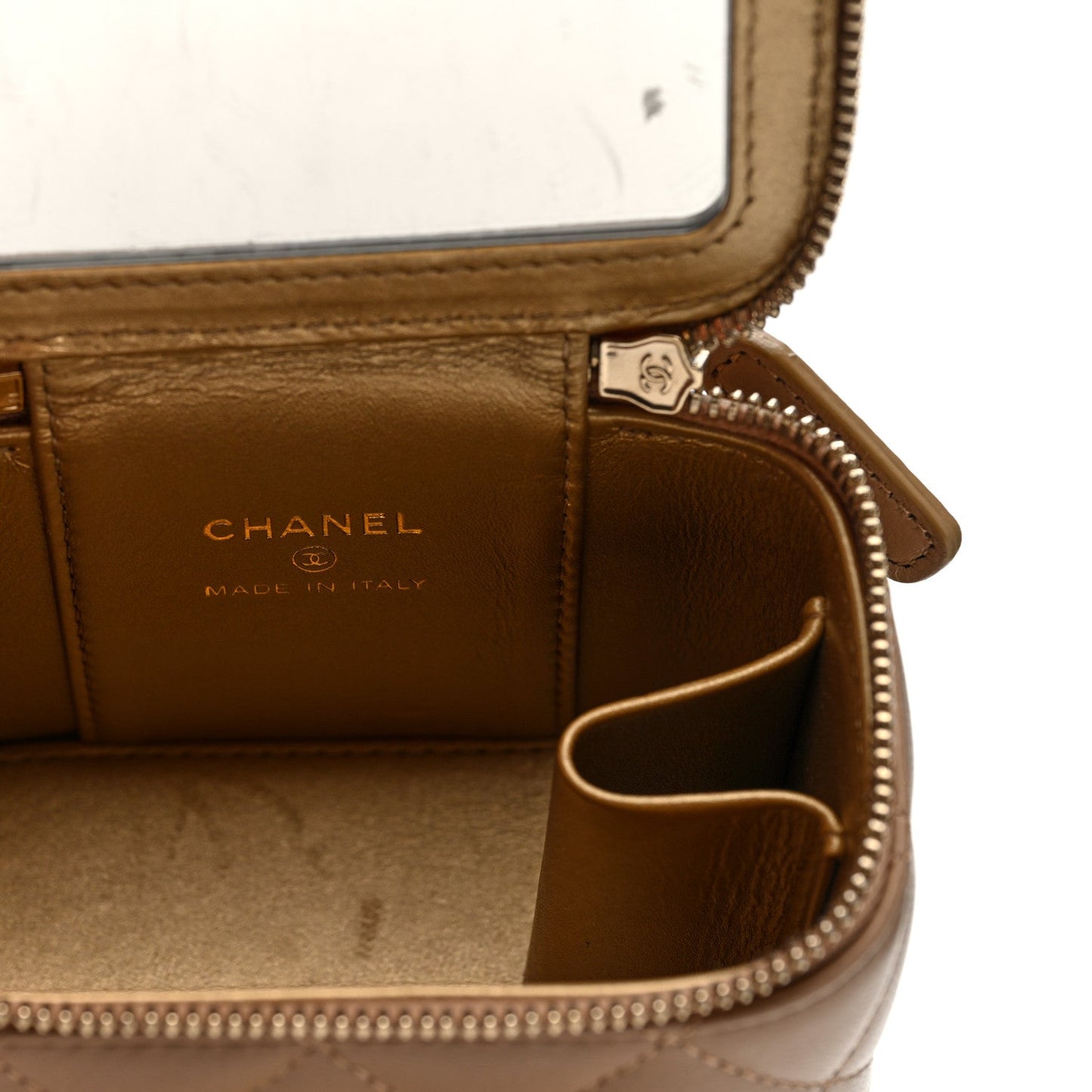 Lambskin Quilted Pearl Crush Mini Vanity Case With Chain Beige