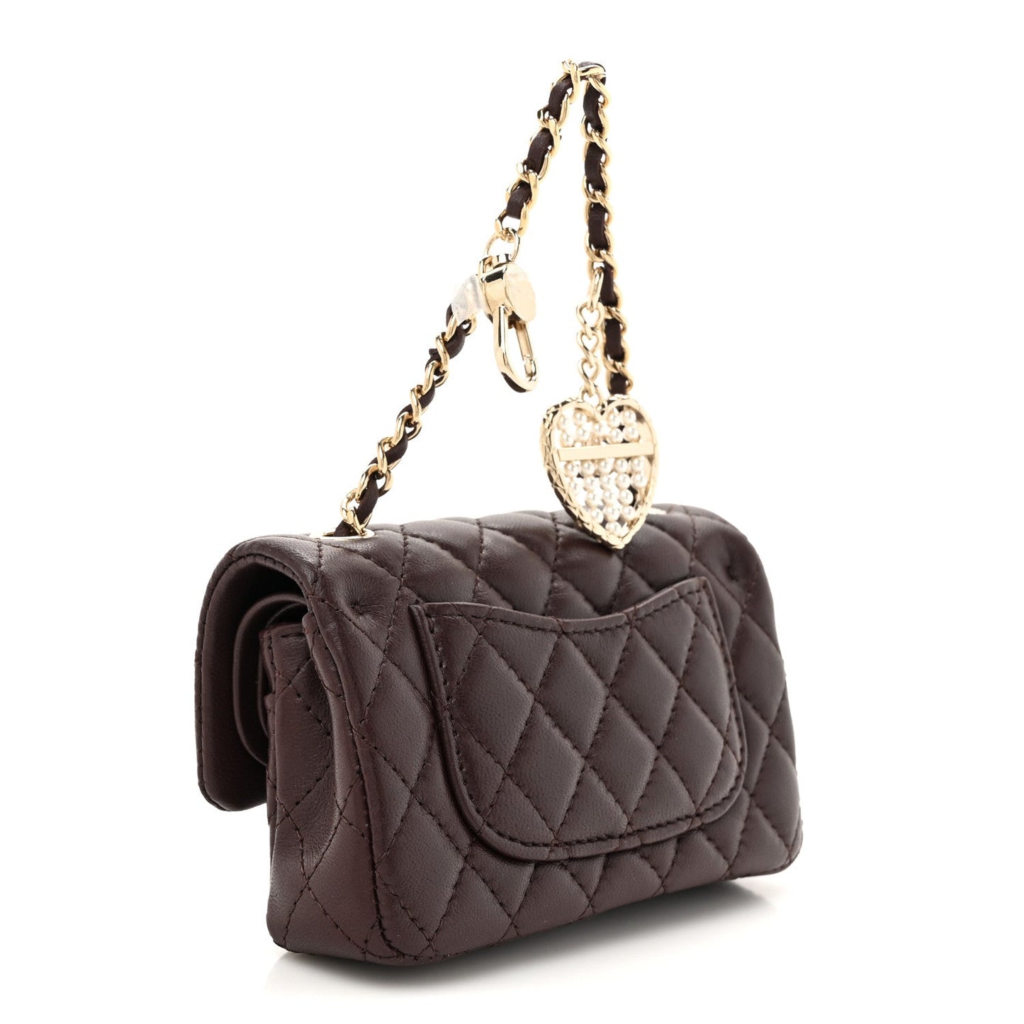 Lambskin Quilted Mini Flap Bag Charm With Hook Dark Brown