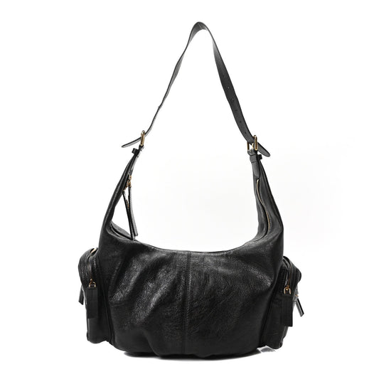 Crinkled Calfskin Large Grand Tour Multipocket Bag Black