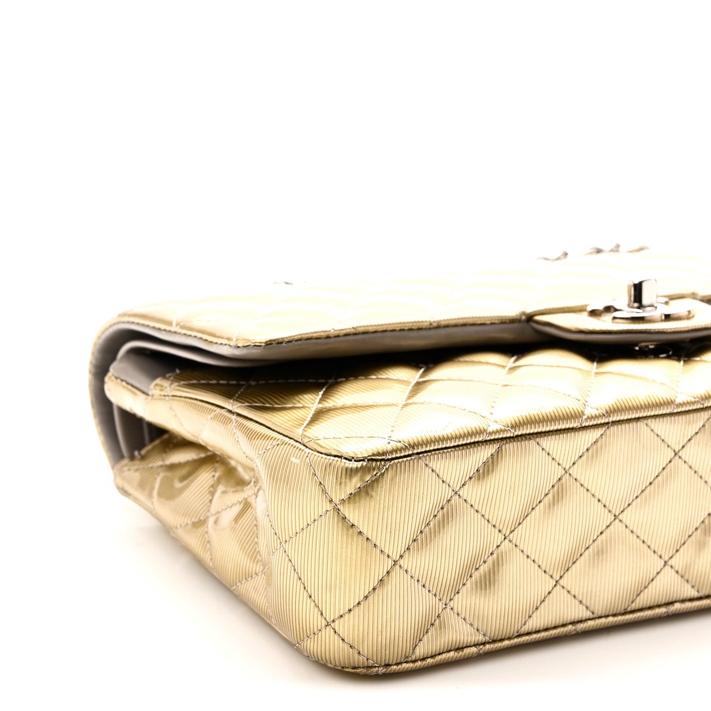 Striated Patent Quilted Medium Double Flap Gold
