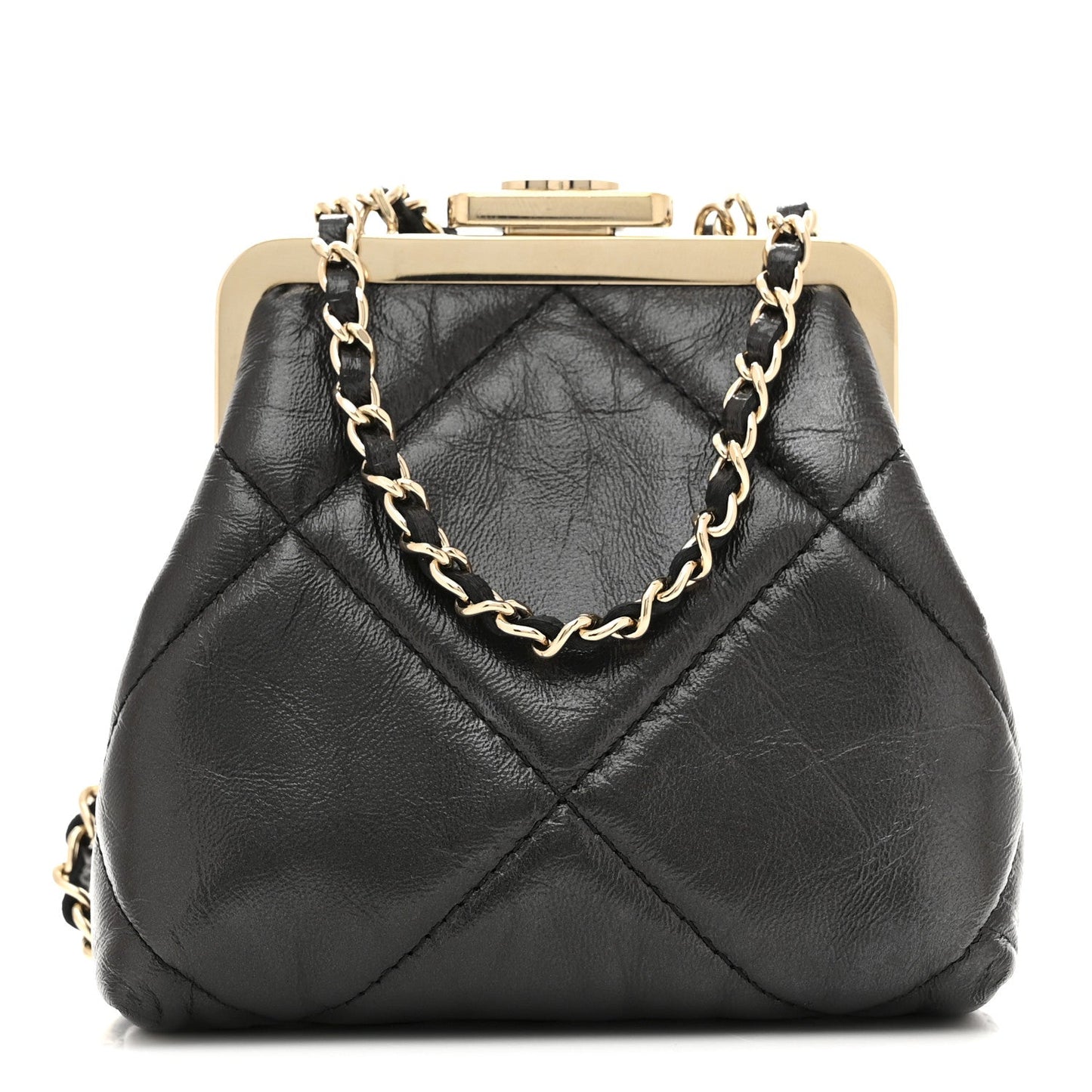 Shiny Aged Lambskin Quilted Kiss Lock Clutch With Chain Black