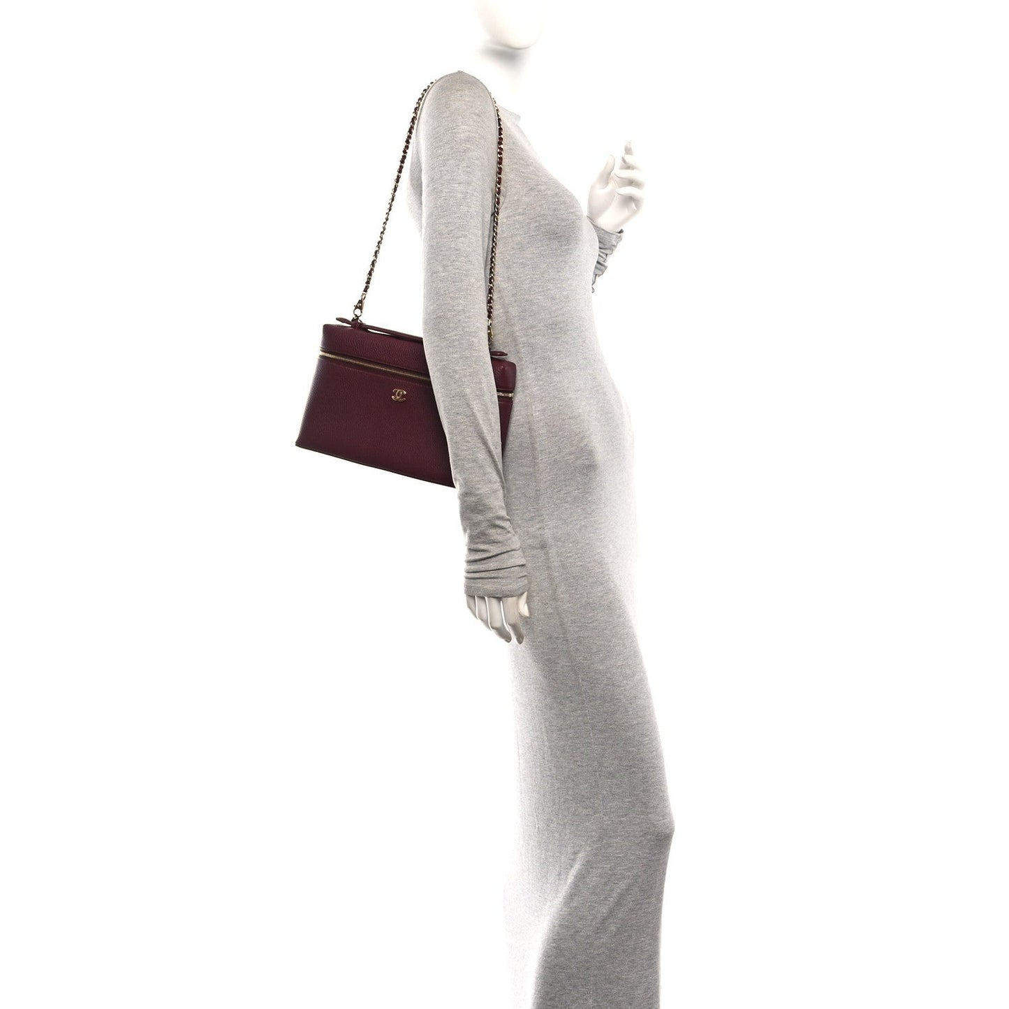 Grained Calfskin Top Handle Slim Vanity Case With Chain Dark Burgundy