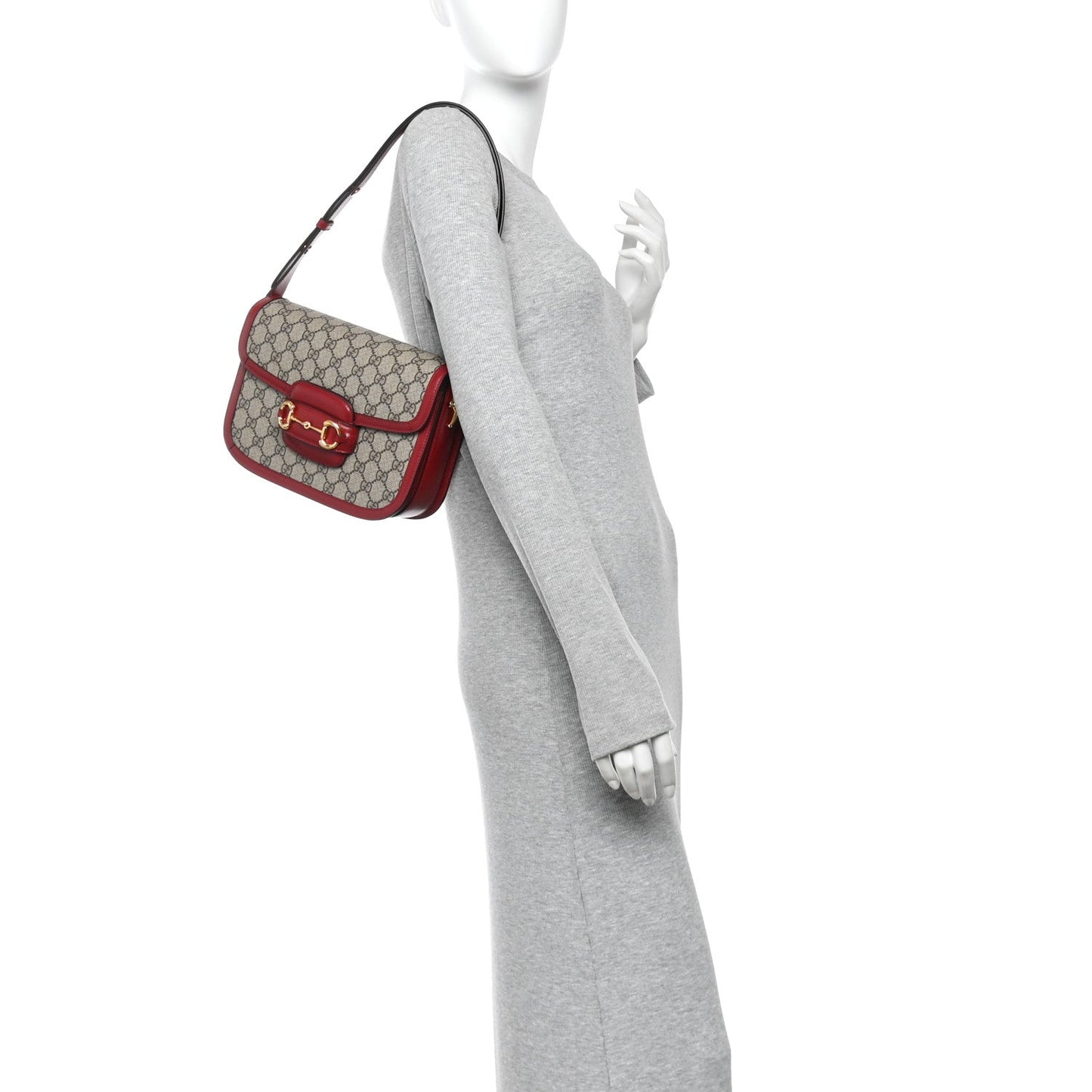 GG Supreme Monogram Azalea Calfskin Horsebit 1955 Shoulder Bag Beige Ebony New Cherry Red
